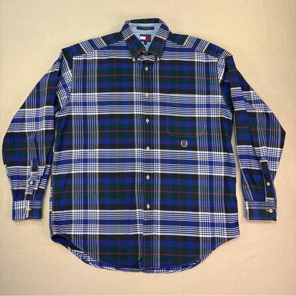 Tommy Hilfiger Vintage Men's Navy and Green Plaid Long Sleeve Shirt Size Medium